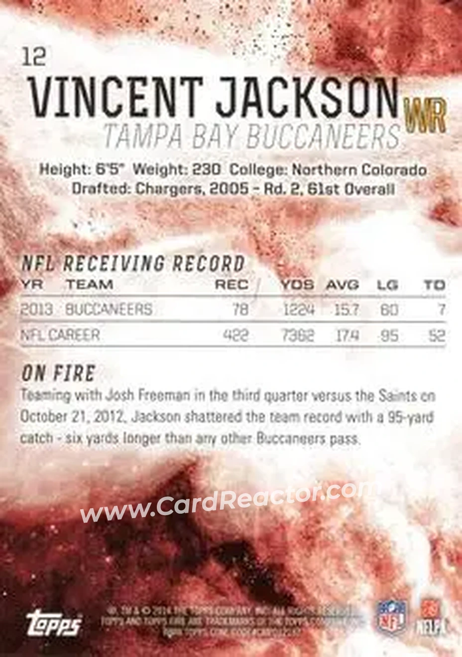 2014 Topps Fire #12 - Vincent Jackson - Tampa Bay Buccaneers - Back