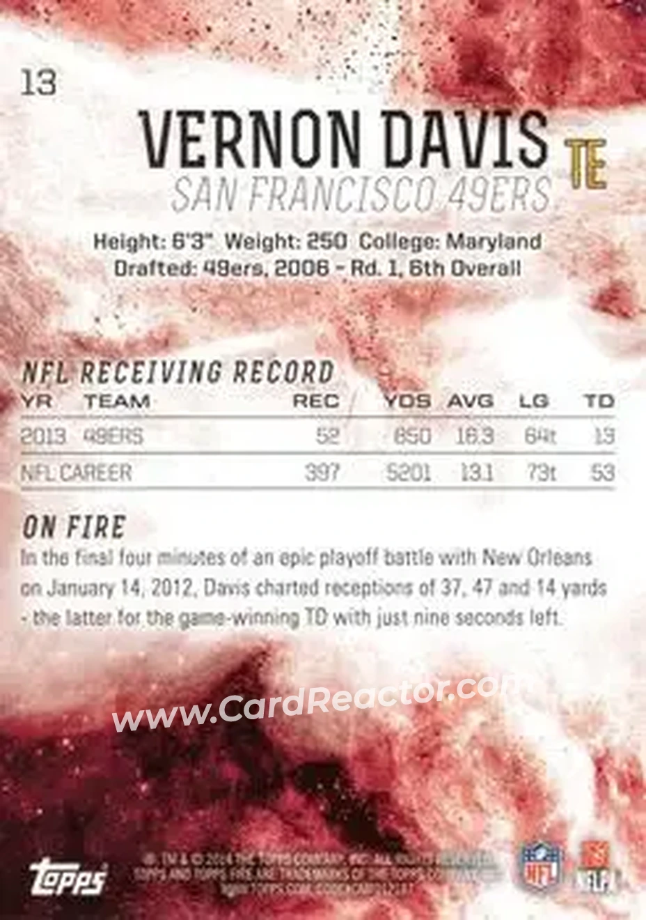 2014 Topps Fire #13 - Vernon Davis - San Francisco 49ers - Back