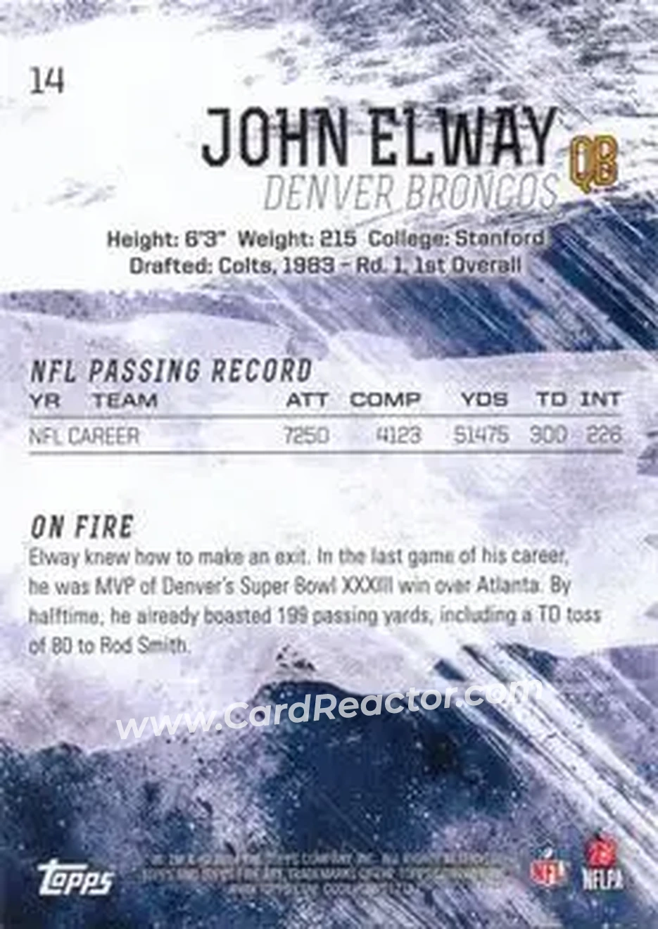 2014 Topps Fire #14 - John Elway - Denver Broncos - Back