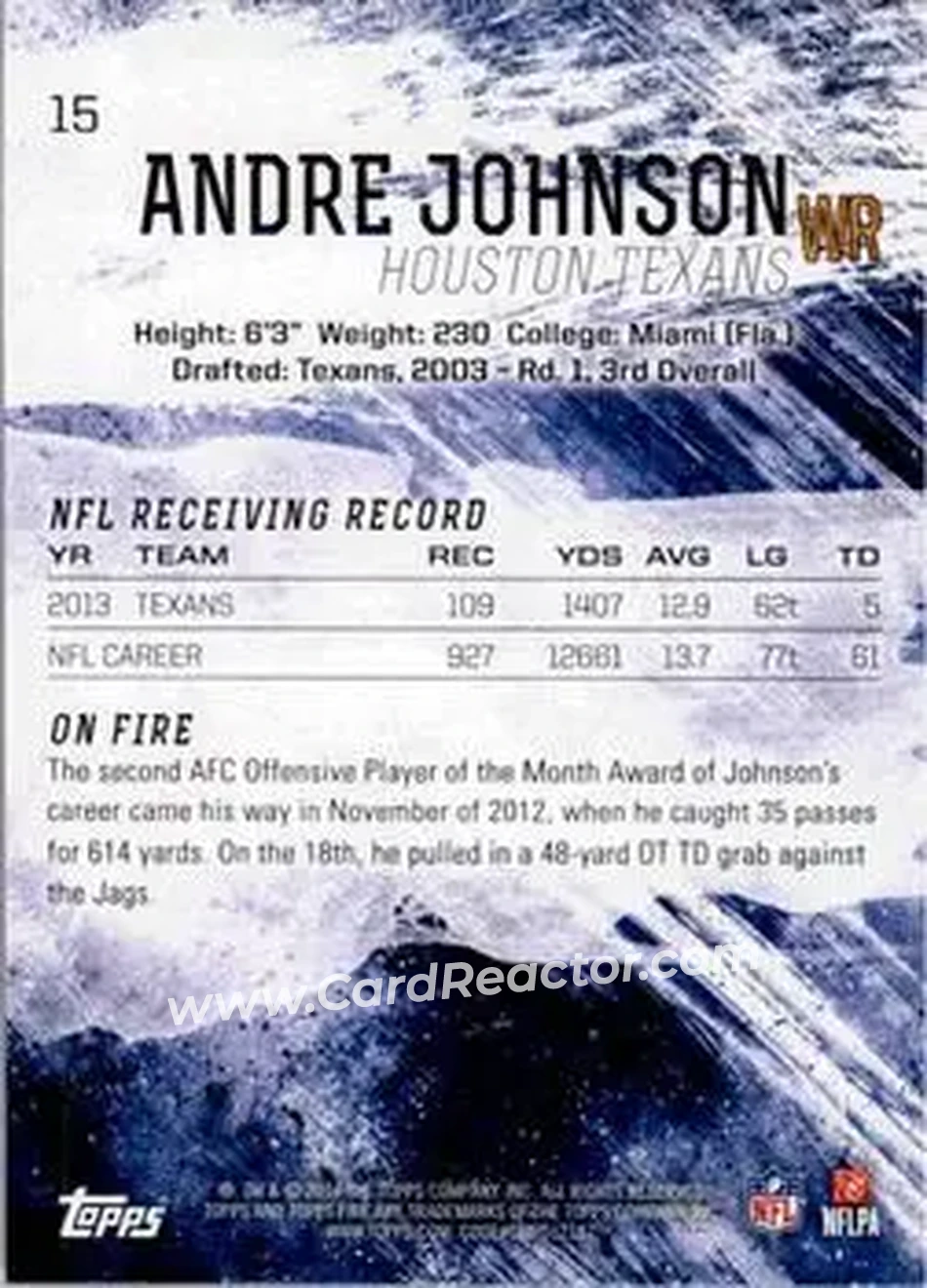 2014 Topps Fire #15 - Andre Johnson - Houston Texans - Back 2014 Topps Fire #15 - Andre Johnson - Houston Texans - Back