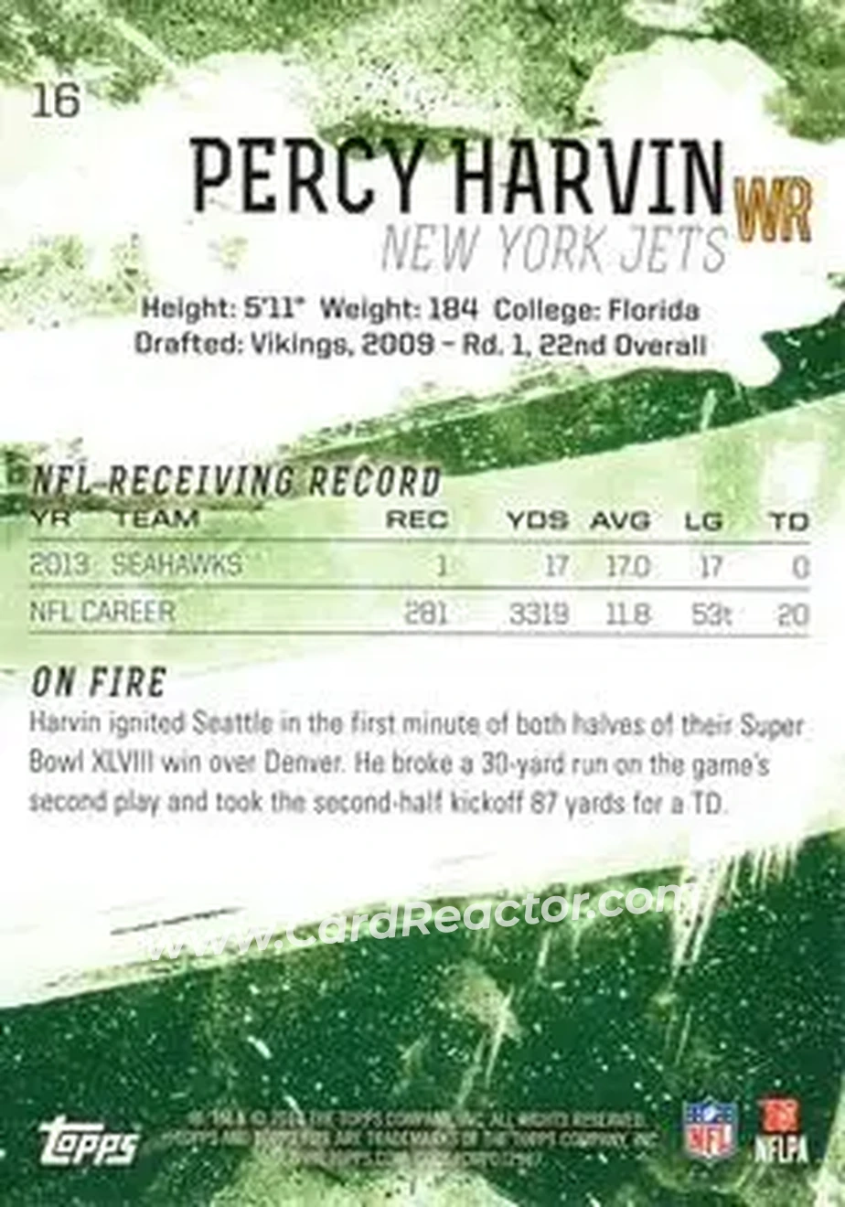 2014 Topps Fire #16 - Percy Harvin - New York Jets - Back
