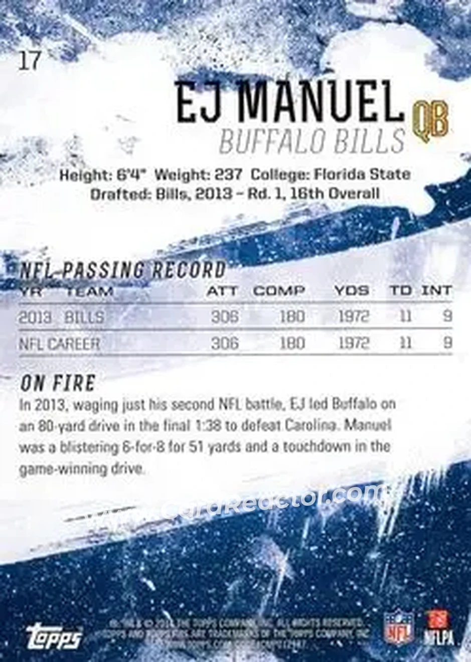 2014 Topps Fire #17 - EJ Manuel - Buffalo Bills - Back