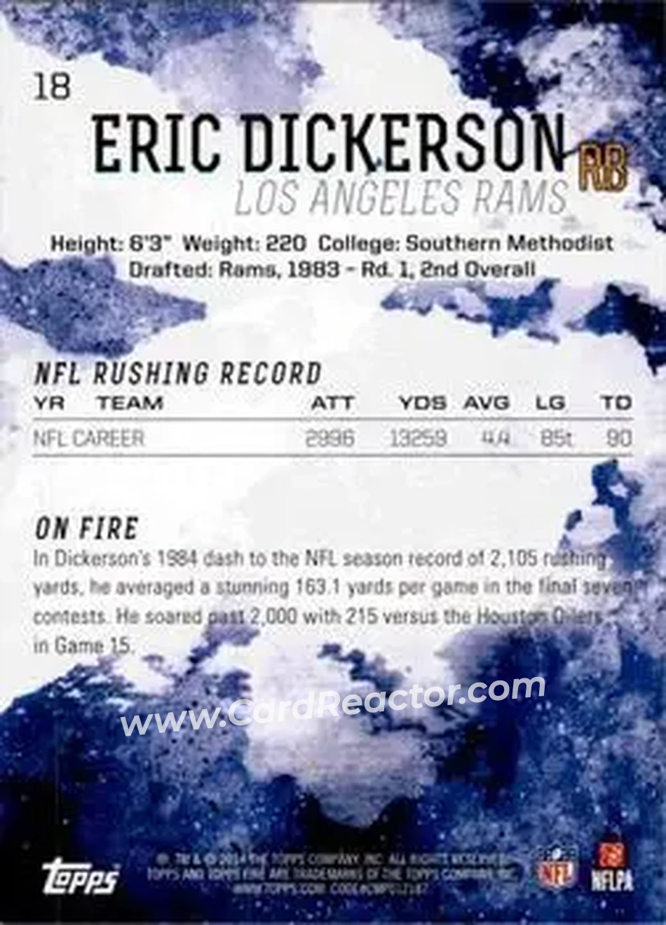 2014 Topps Fire #18 - Eric Dickerson - Los Angeles Rams - Back 2014 Topps Fire #18 - Eric Dickerson - Los Angeles Rams - Back