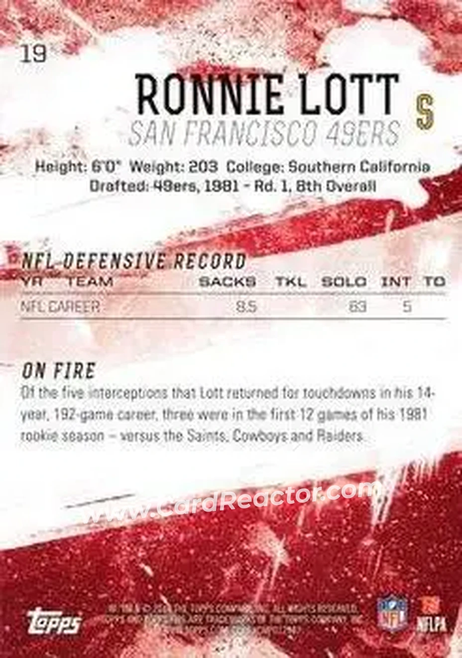 2014 Topps Fire #19 - Ronnie Lott - San Francisco 49ers - Back