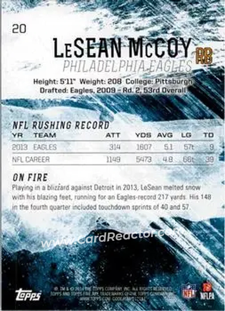 2014 Topps Fire #20 - LeSean McCoy - Philadelphia Eagles - Back
