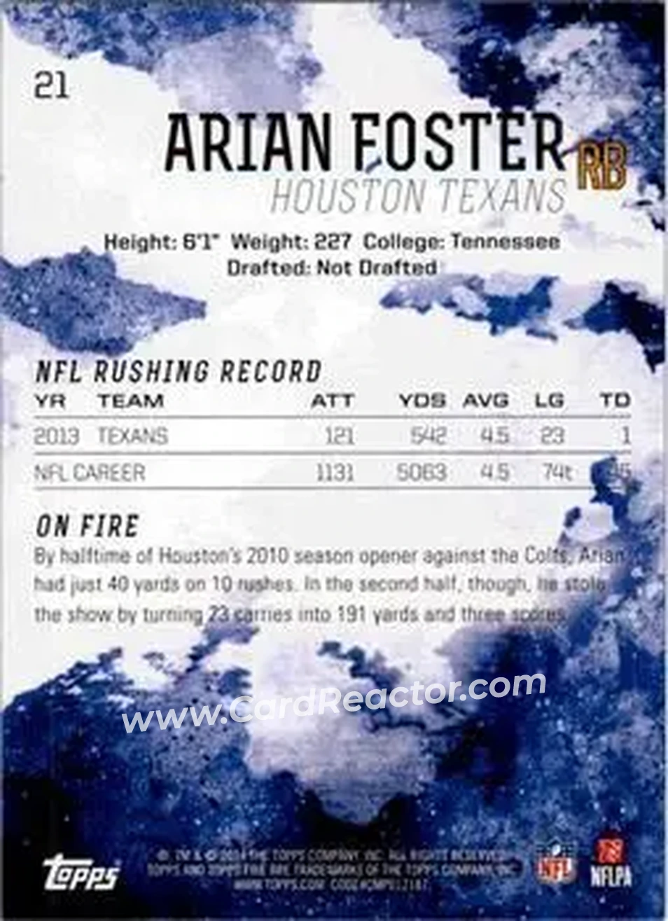 2014 Topps Fire #21 - Arian Foster - Houston Texans - Back
