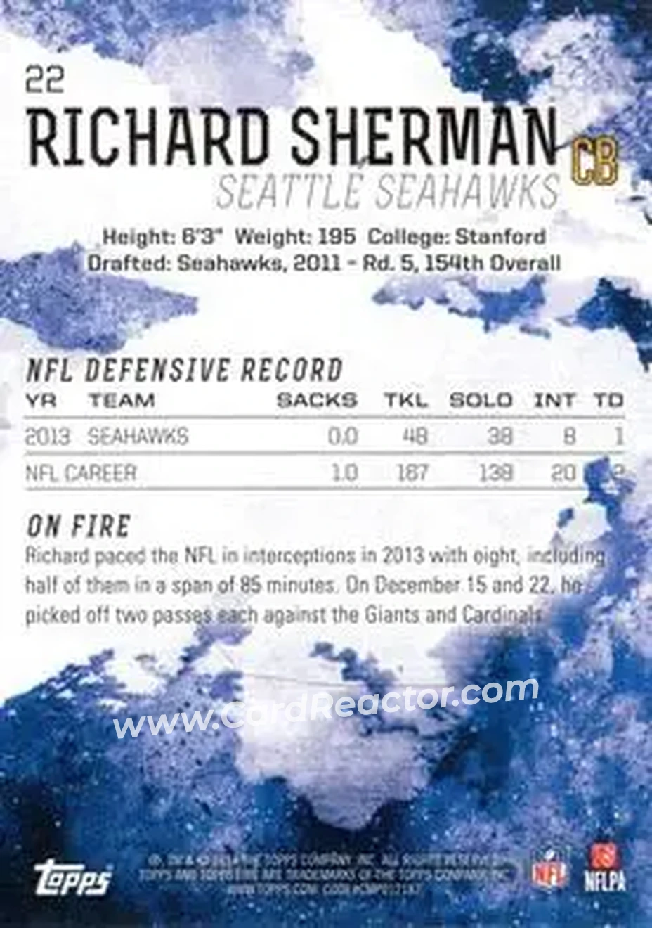 2014 Topps Fire #22 - Richard Sherman - Seattle Seahawks - Back