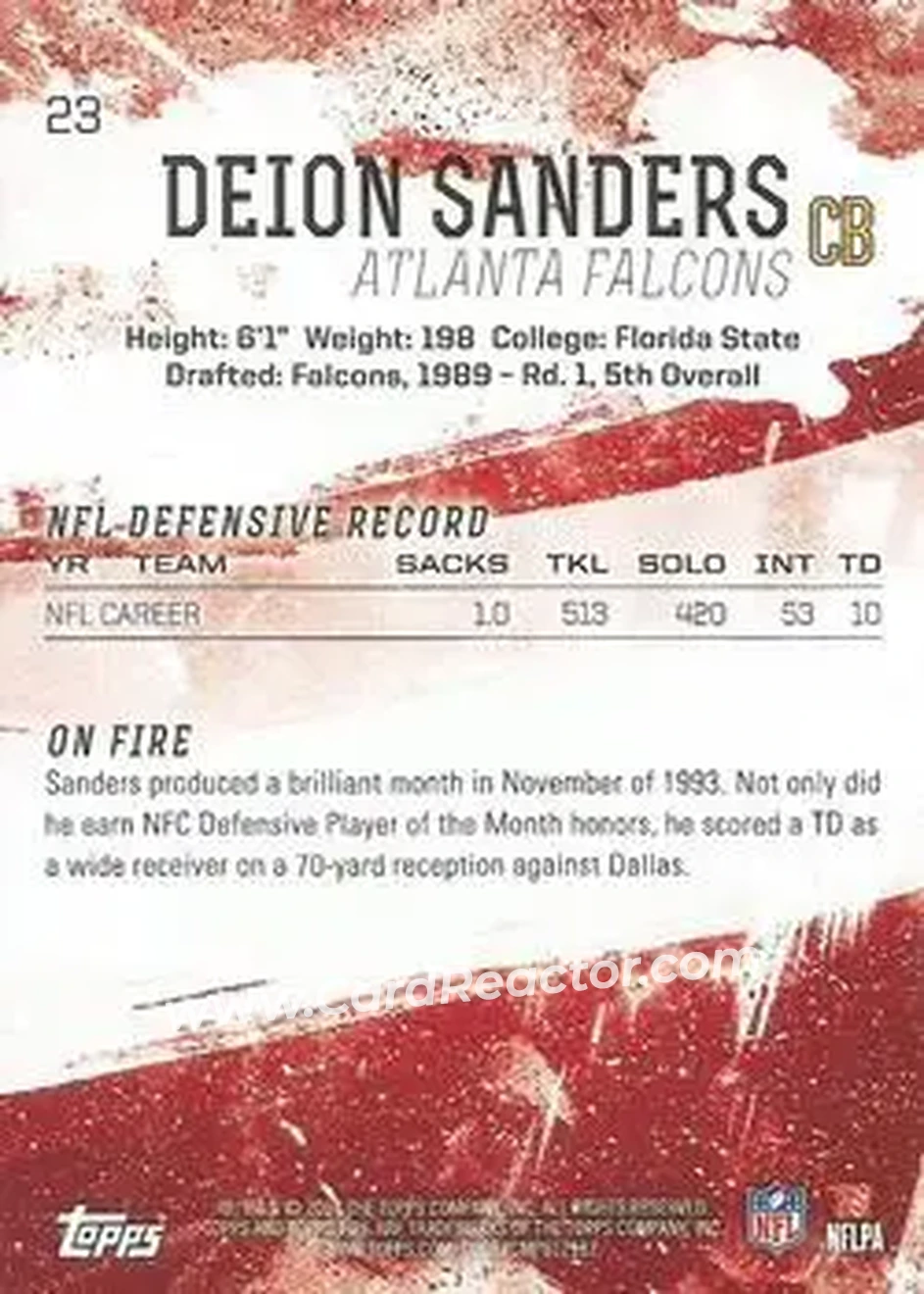 2014 Topps Fire #23 - Deion Sanders - Atlanta Falcons - Back