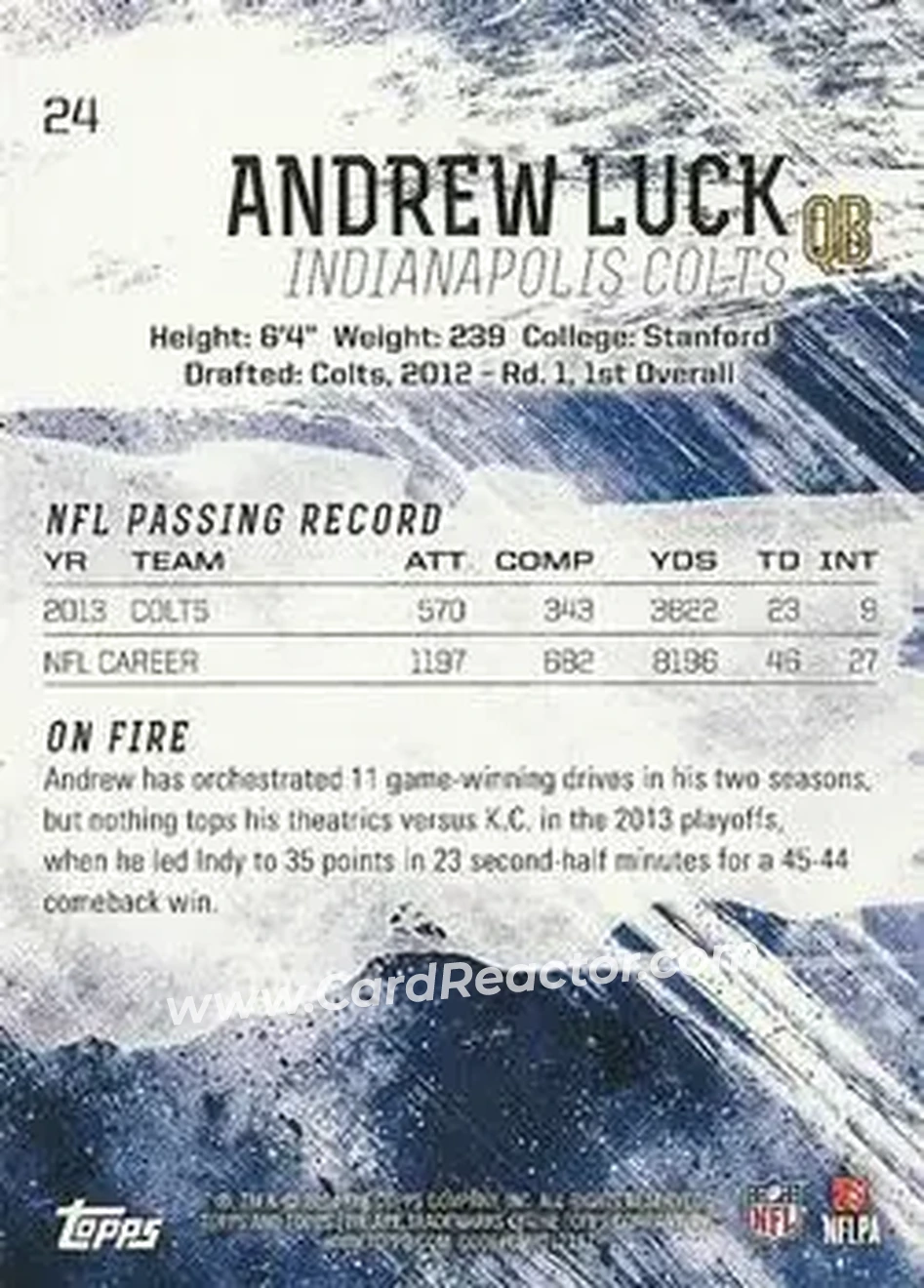 2014 Topps Fire #24 - Andrew Luck - Indianapolis Colts - Back
