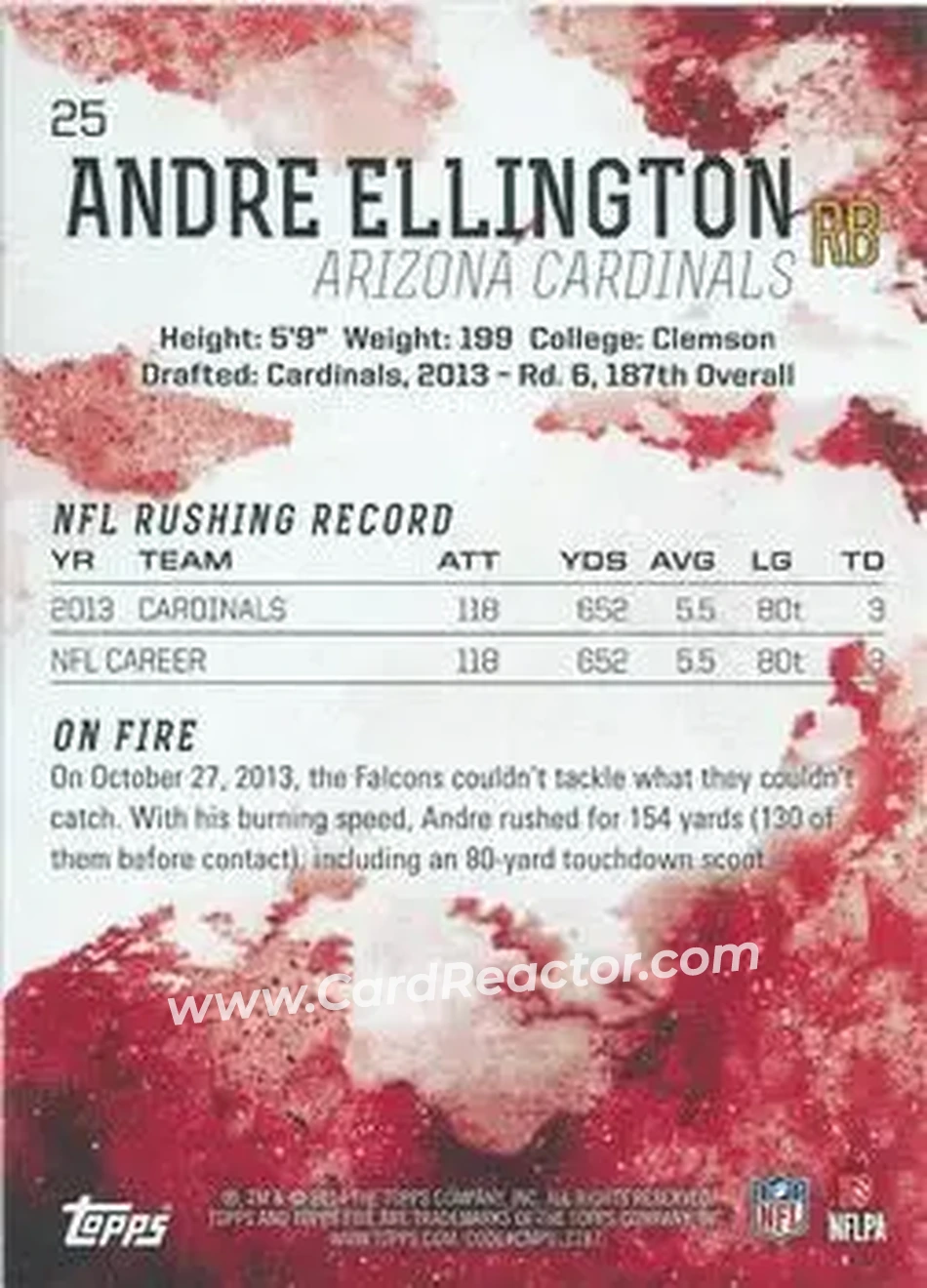 2014 Topps Fire #25 - Andre Ellington - Arizona Cardinals - Back