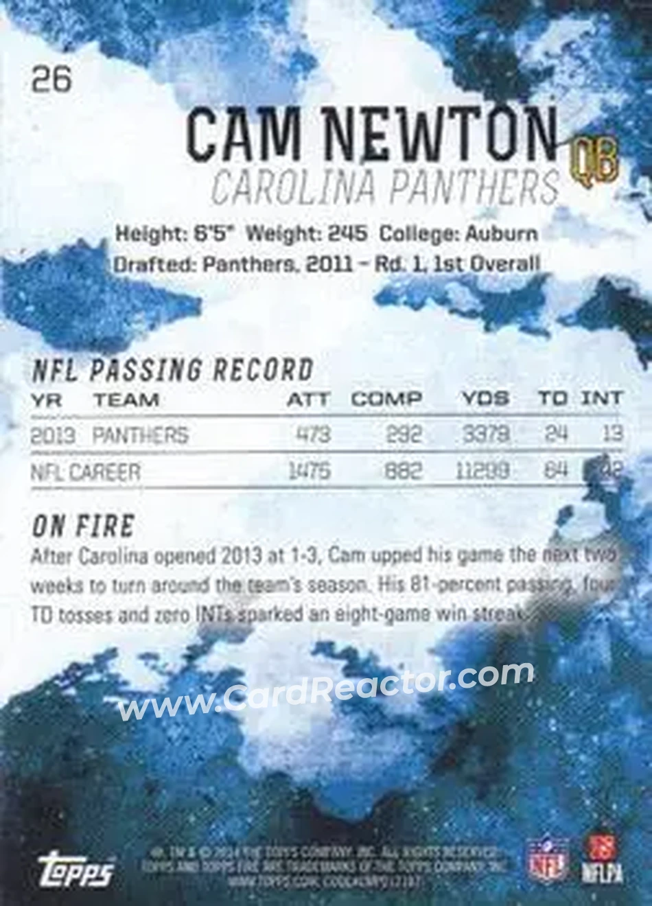 2014 Topps Fire #26 - Cam Newton - Carolina Panthers - Back