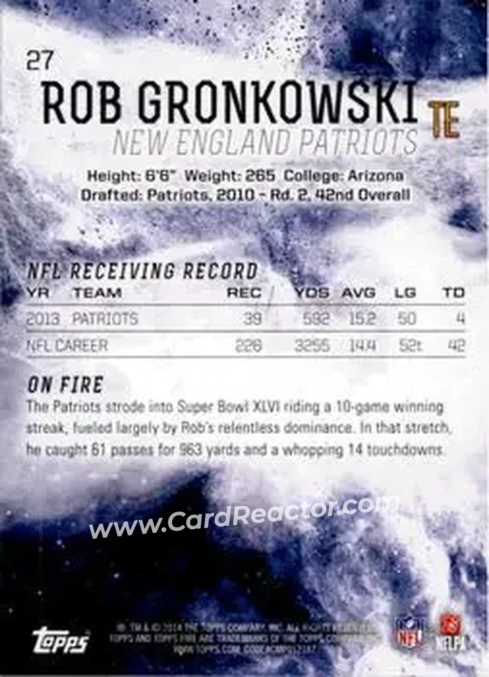 2014 Topps Fire #27 - Rob Gronkowski - New England Patriots - Back
