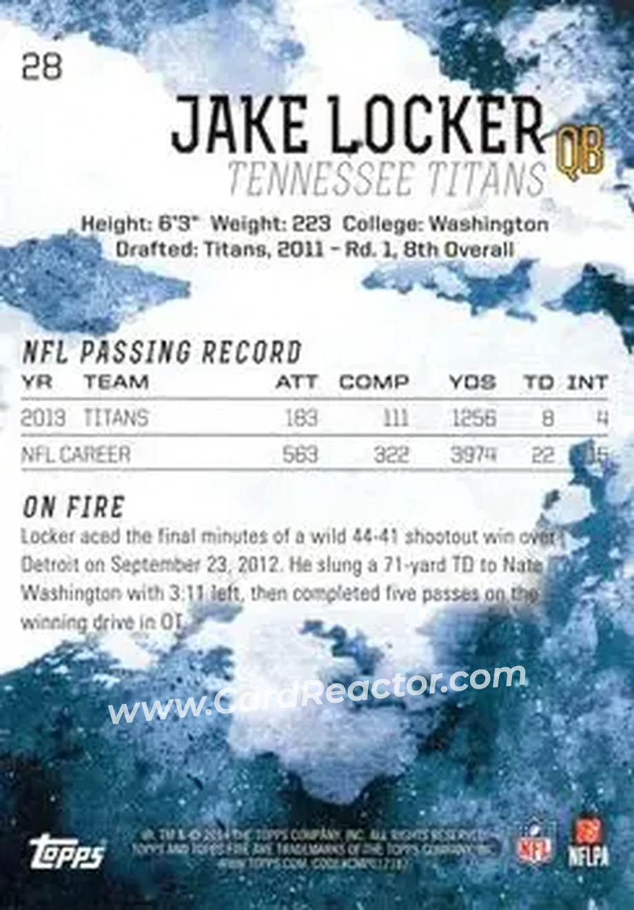 2014 Topps Fire #28 - Jake Locker - Tennessee Titans - Back