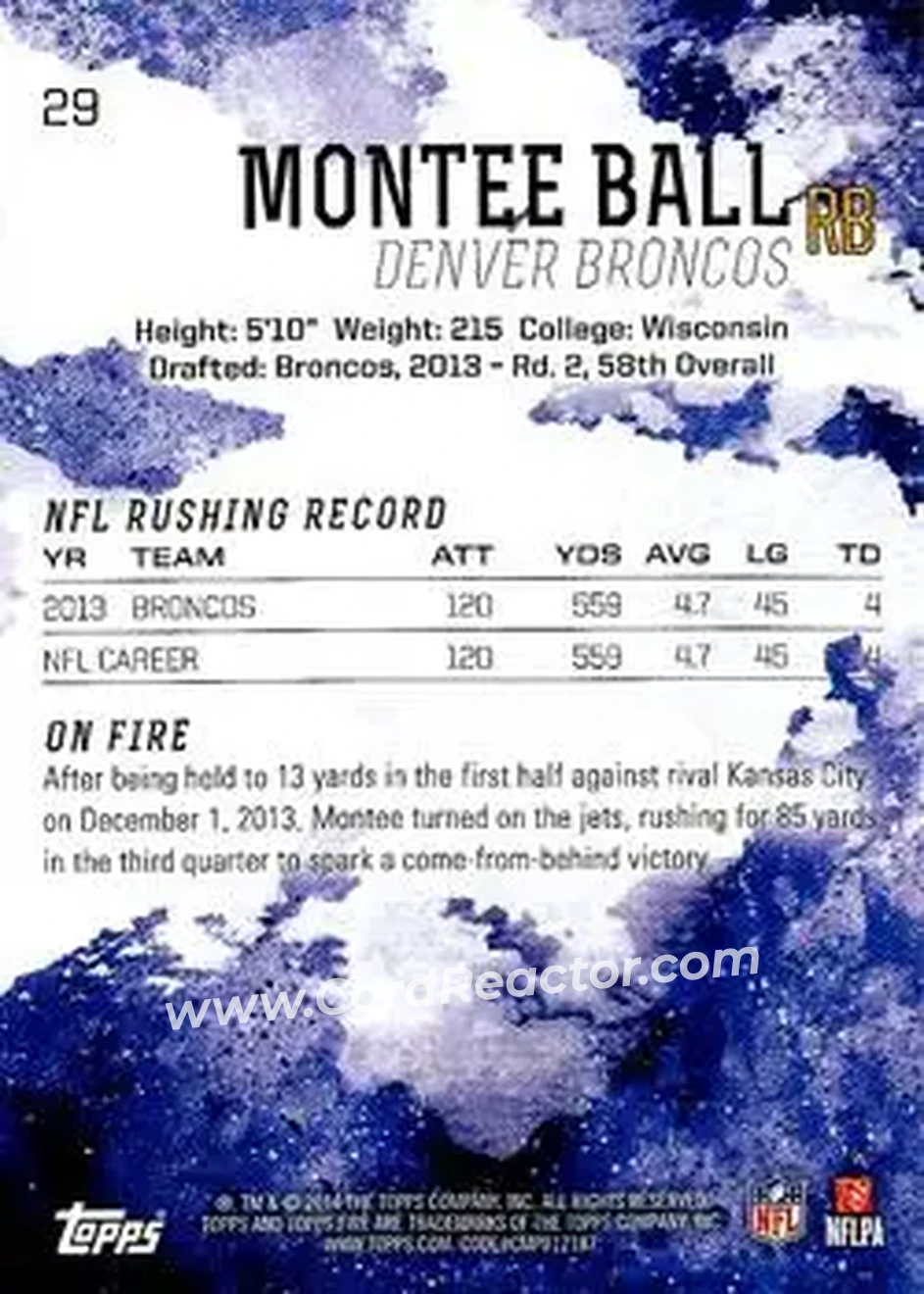 2014 Topps Fire #29 - Montee Ball - Denver Broncos - Back
