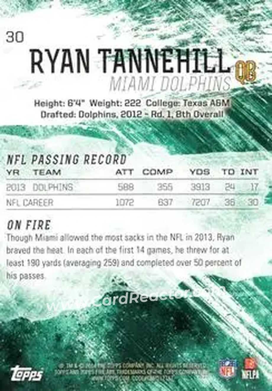 2014 Topps Fire #30 - Ryan Tannehill - Miami Dolphins - Back