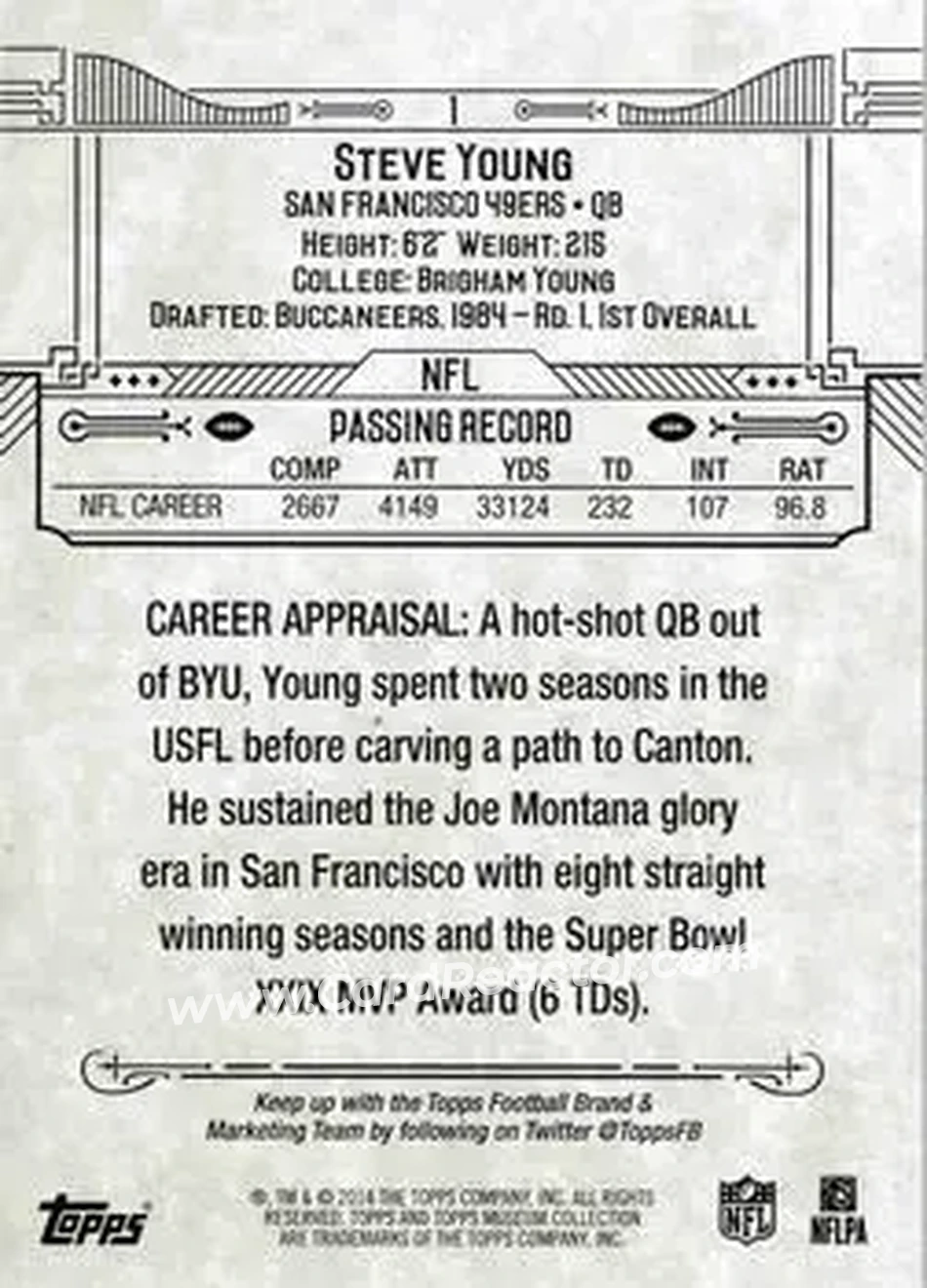 2014 Topps Museum Collection #1 - Steve Young - San Francisco 49ers - Back