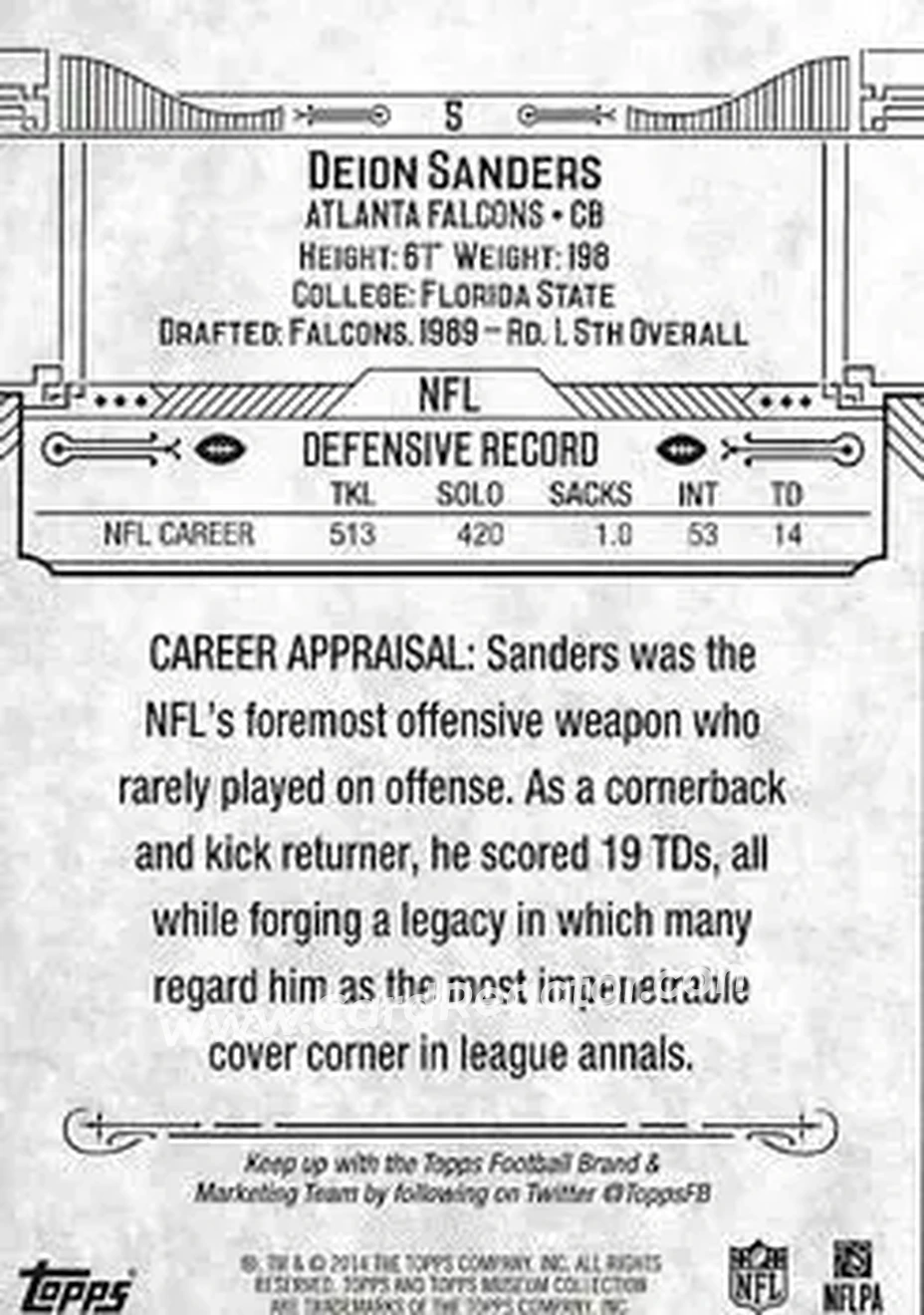 2014 Topps Museum Collection #5 - Deion Sanders - Atlanta Falcons - Back 2014 Topps Museum Collection #5 - Deion Sanders - Atlanta Falcons - Back