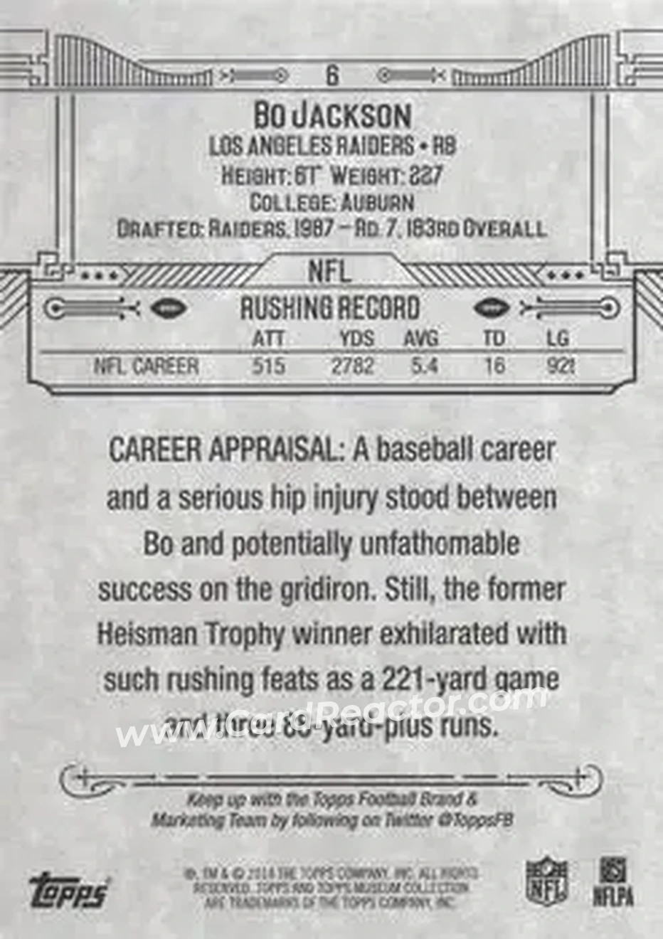 2014 Topps Museum Collection #6 - Bo Jackson - Los Angeles Raiders - Back 2014 Topps Museum Collection #6 - Bo Jackson - Los Angeles Raiders - Back