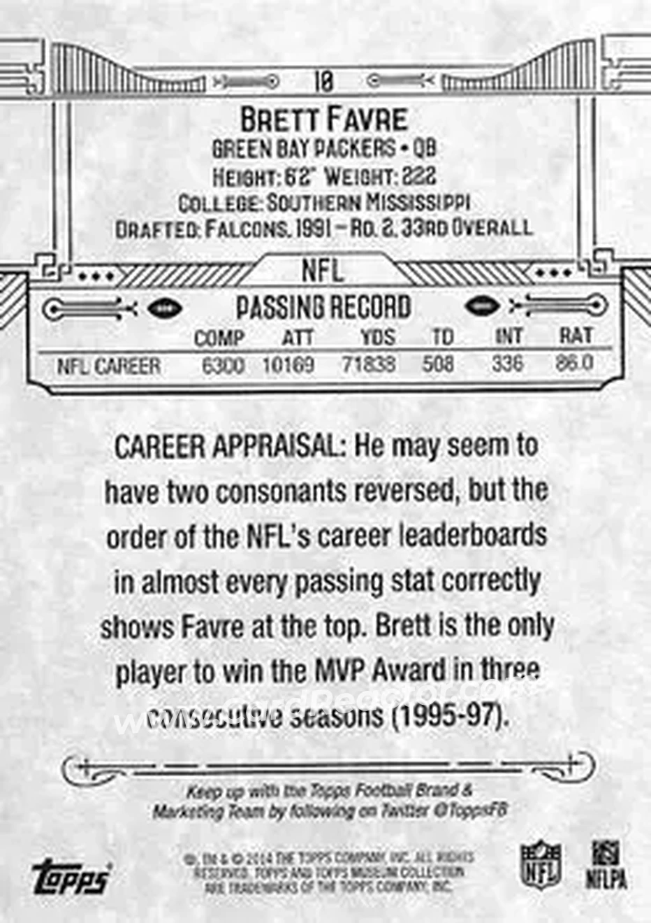 2014 Topps Museum Collection #10 - Brett Favre - Green Bay Packers - Back 2014 Topps Museum Collection #10 - Brett Favre - Green Bay Packers - Back