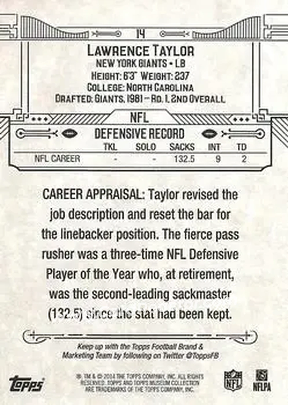 2014 Topps Museum Collection #14 - Lawrence Taylor - New York Giants - Back 2014 Topps Museum Collection #14 - Lawrence Taylor - New York Giants - Back