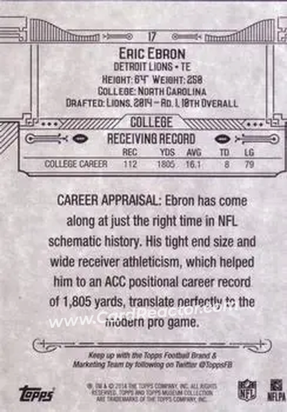 2014 Topps Museum Collection #17 - Eric Ebron - Detroit Lions - Back