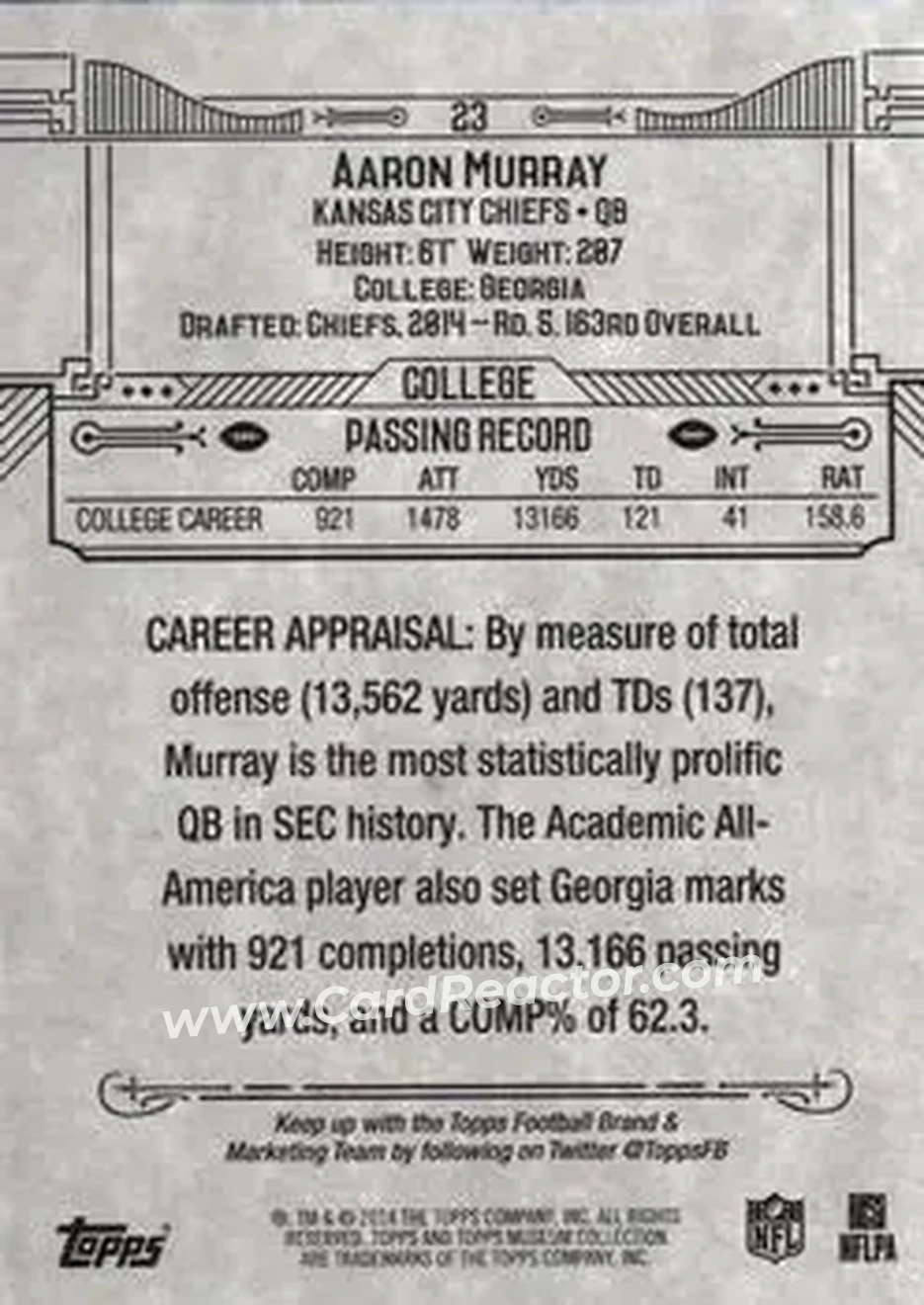 2014 Topps Museum Collection #23 - Aaron Murray - Kansas City Chiefs - Back