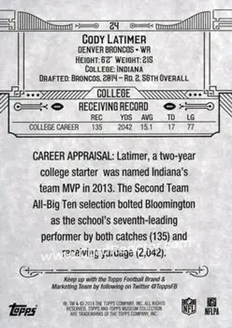 2014 Topps Museum Collection #24 - Cody Latimer - Denver Broncos - Back 2014 Topps Museum Collection #24 - Cody Latimer - Denver Broncos - Back