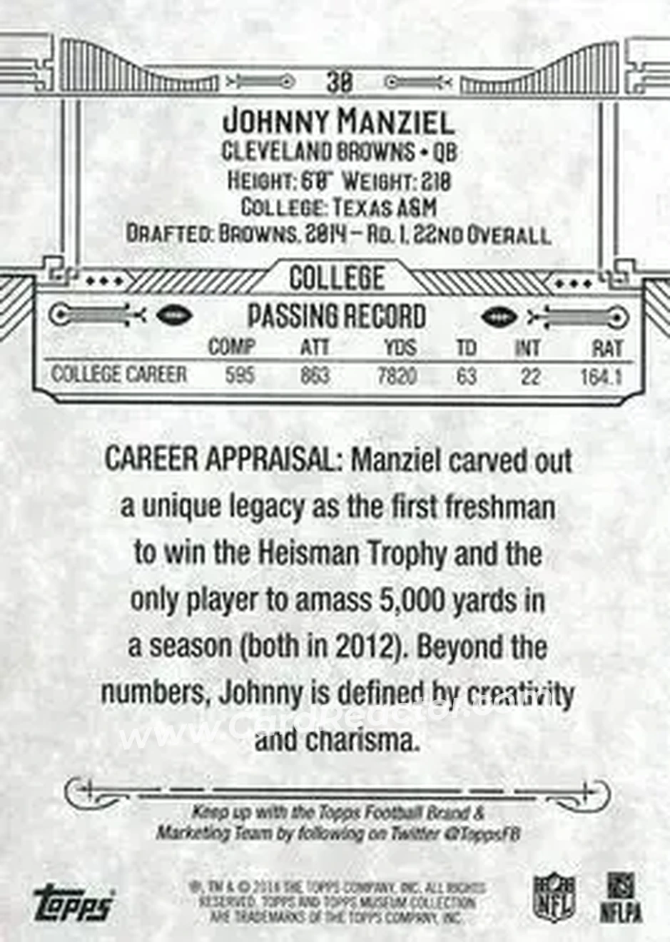 2014 Topps Museum Collection #30 - Johnny Manziel - Cleveland Browns - Back