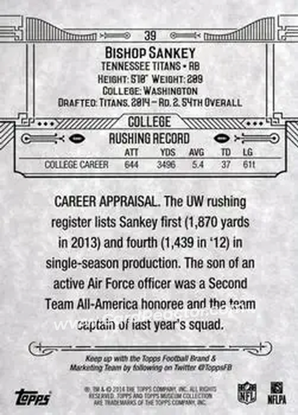 2014 Topps Museum Collection #39 - Bishop Sankey - Tennessee Titans - Back