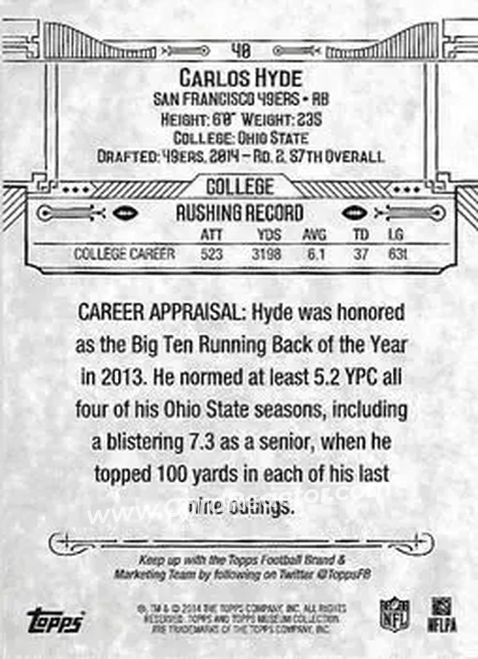 2014 Topps Museum Collection #40 - Carlos Hyde - San Francisco 49ers - Back