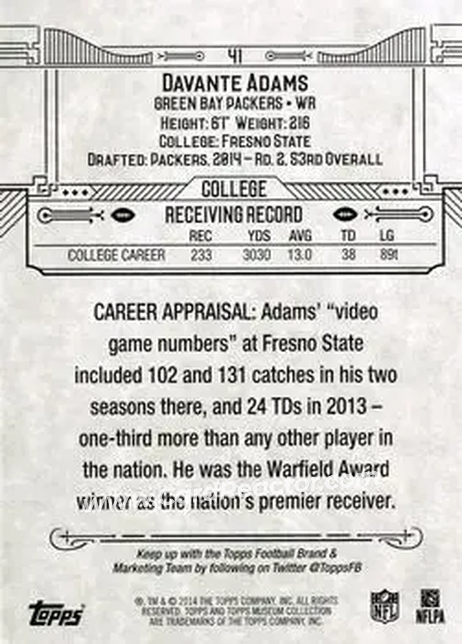 2014 Topps Museum Collection #41 - Davante Adams - Green Bay Packers - Back