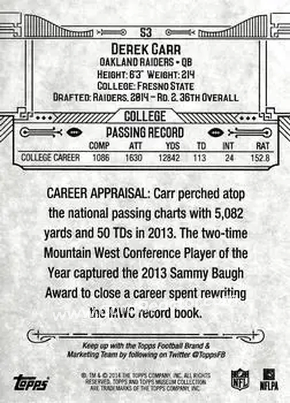 2014 Topps Museum Collection #53 - Derek Carr - Oakland Raiders - Back 2014 Topps Museum Collection #53 - Derek Carr - Oakland Raiders - Back