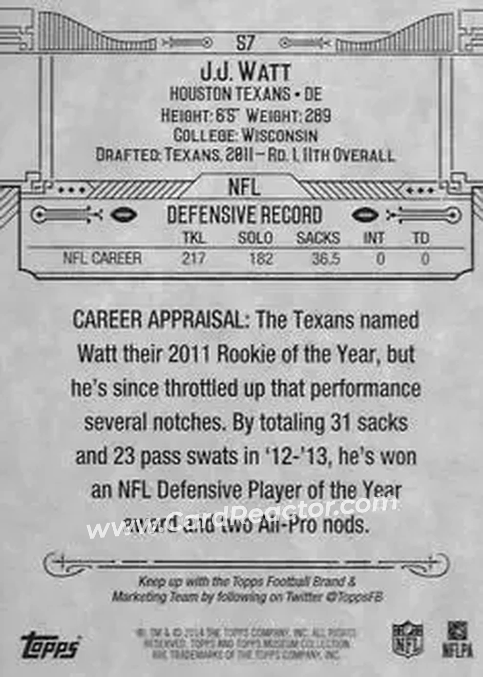 2014 Topps Museum Collection #57 - J.J. Watt - Houston Texans - Back