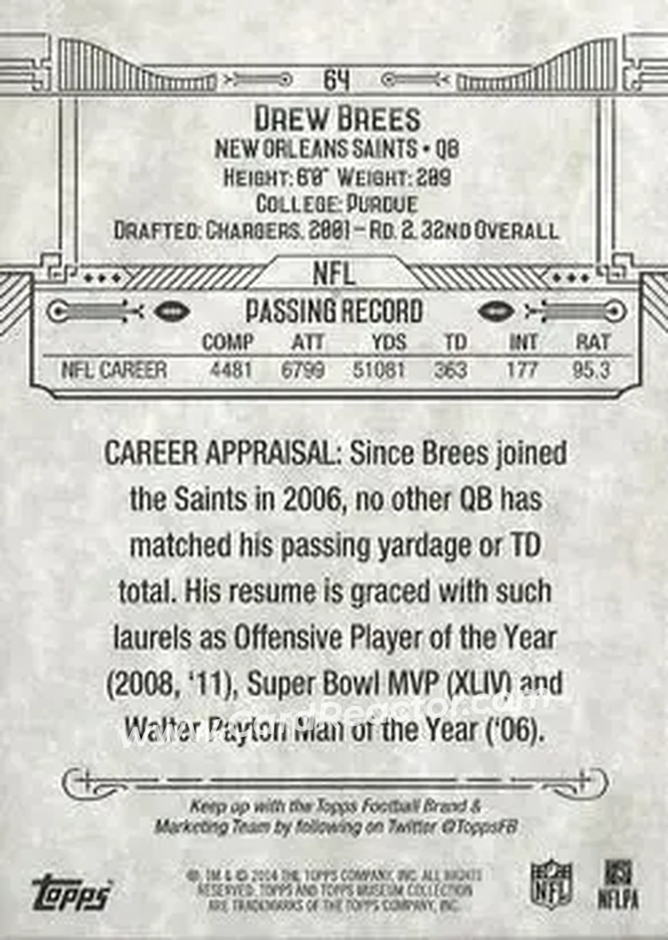 2014 Topps Museum Collection #64 - Drew Brees - New Orleans Saints - Back