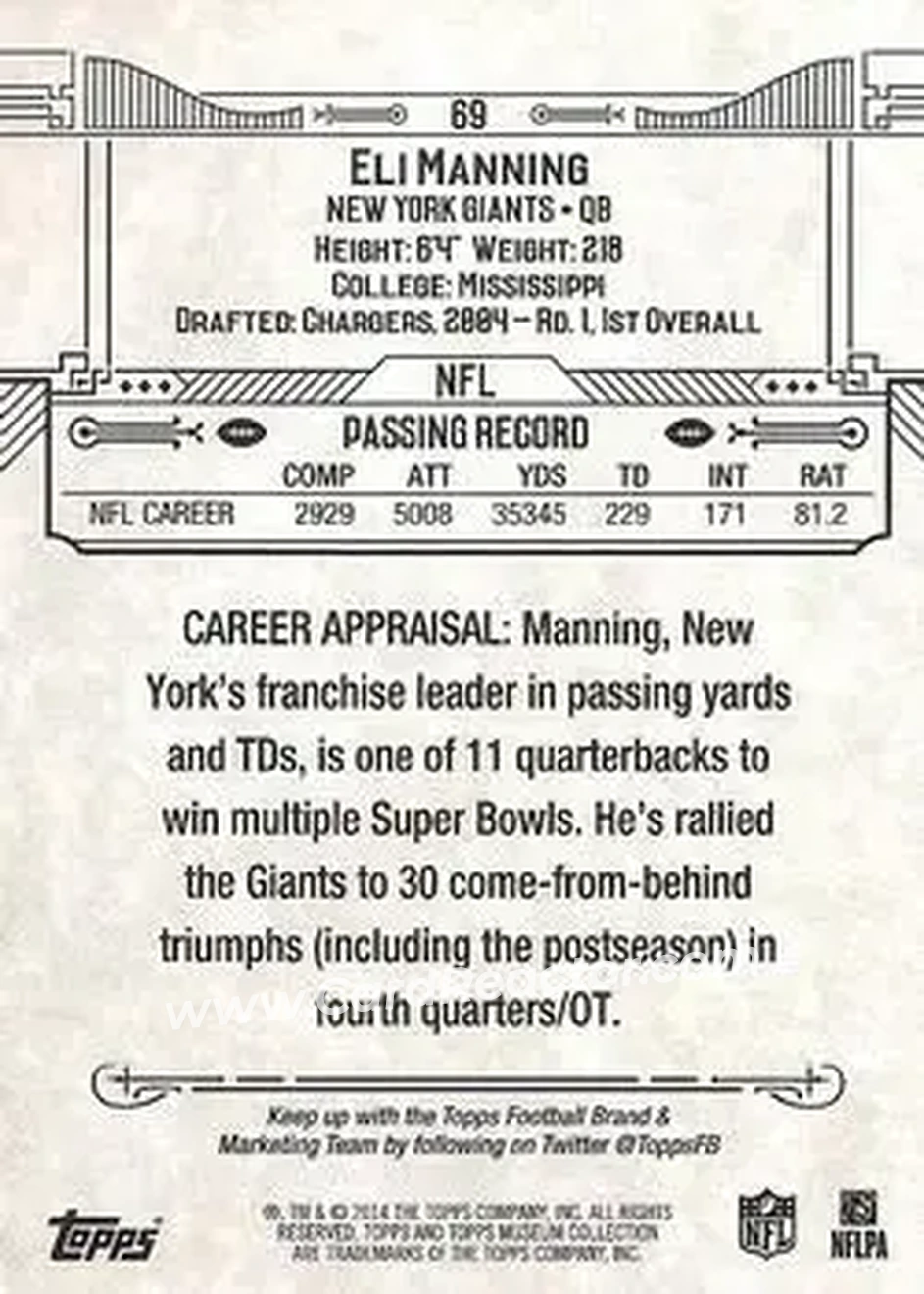 2014 Topps Museum Collection #69 - Eli Manning - New York Giants - Back