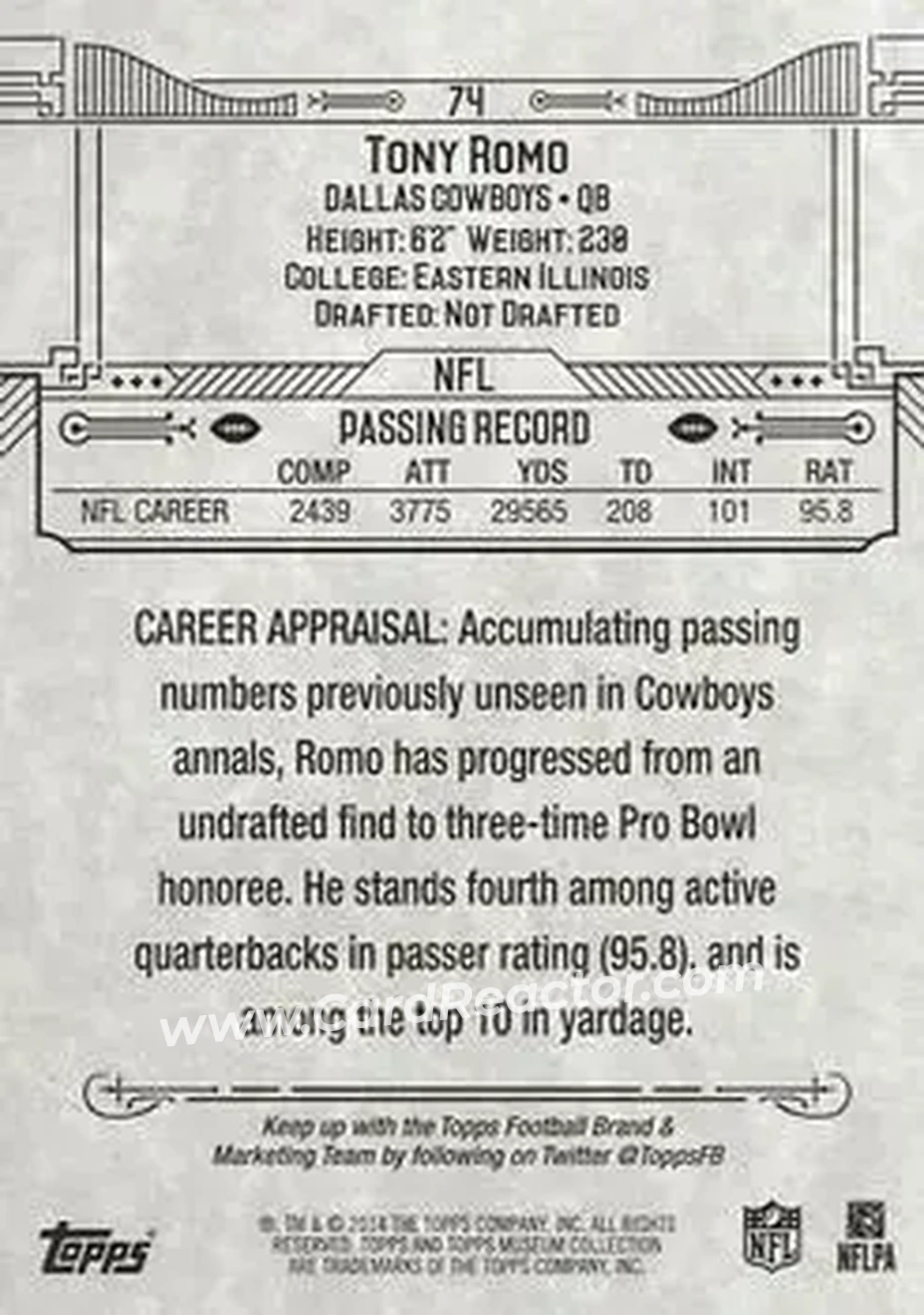2014 Topps Museum Collection #74 - Tony Romo - Dallas Cowboys - Back