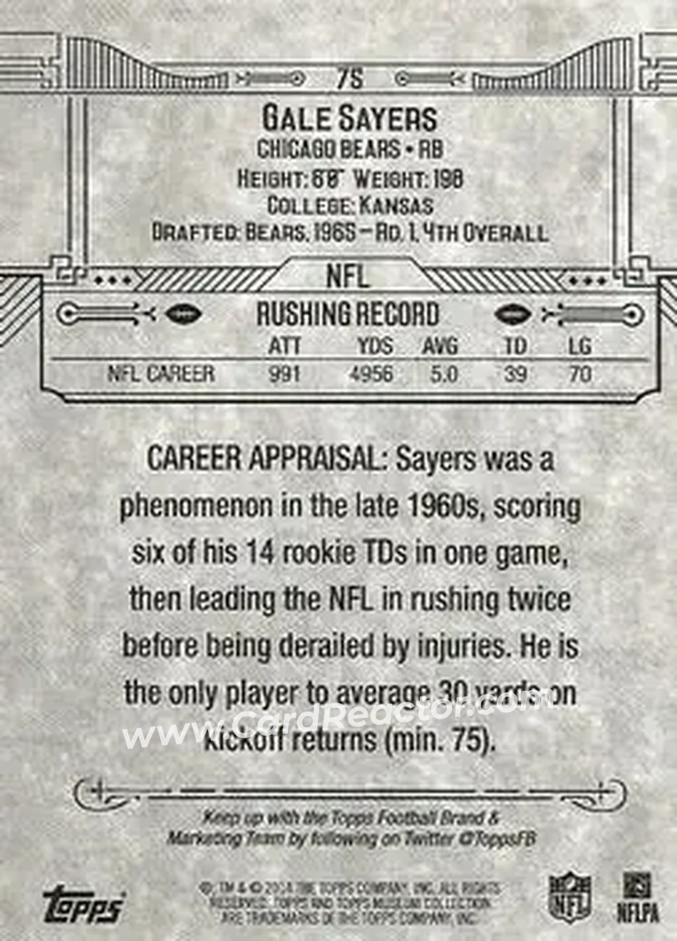 2014 Topps Museum Collection #75 - Gale Sayers - Chicago Bears - Back 2014 Topps Museum Collection #75 - Gale Sayers - Chicago Bears - Back