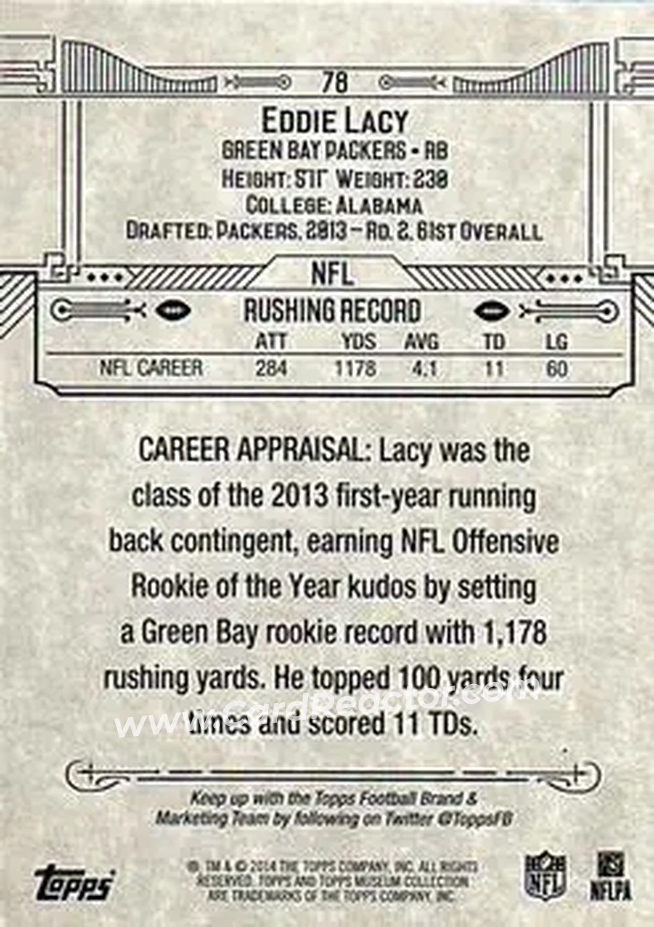 2014 Topps Museum Collection #78 - Eddie Lacy - Green Bay Packers - Back