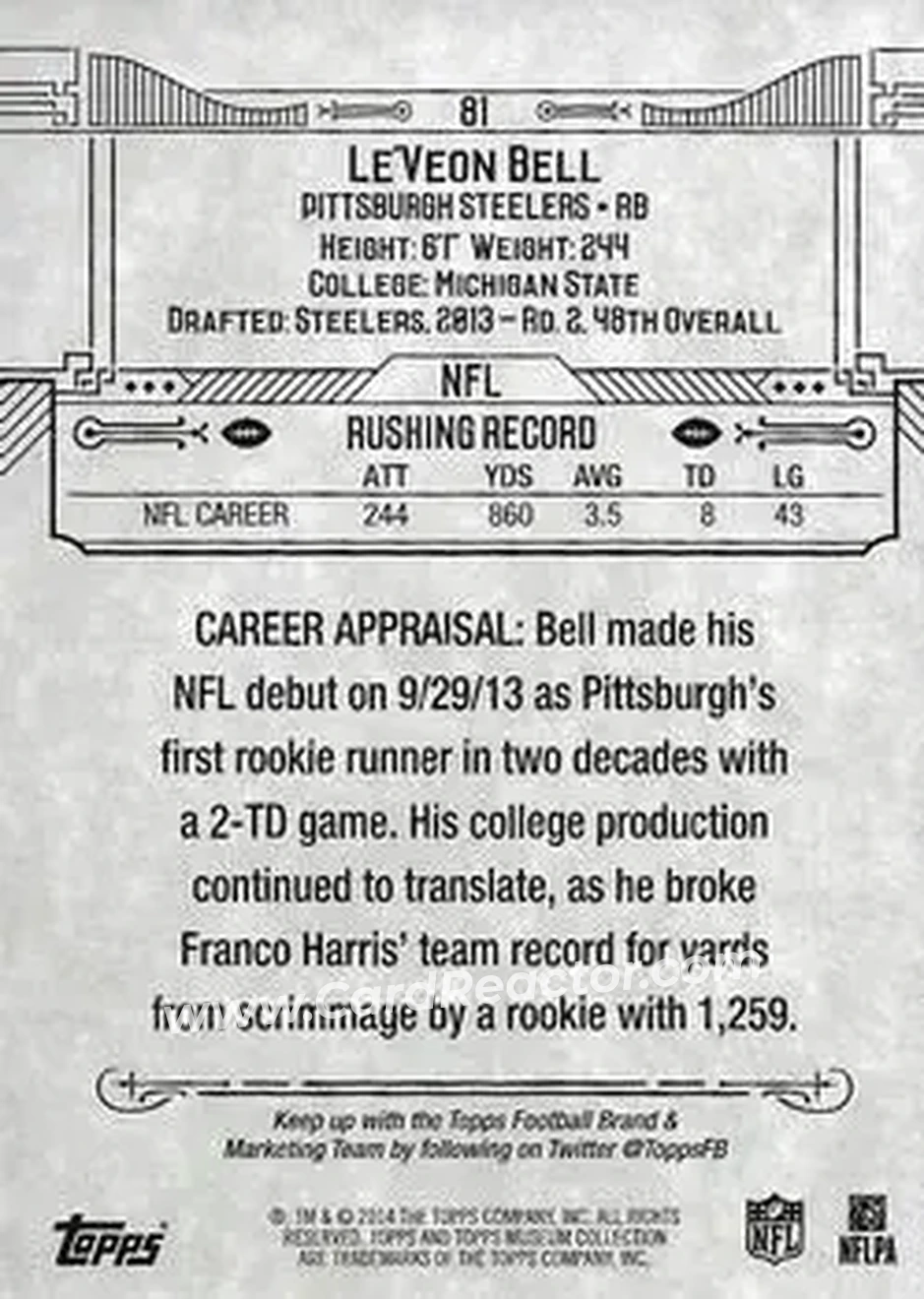 2014 Topps Museum Collection #81 - Le'Veon Bell - Pittsburgh Steelers - Back