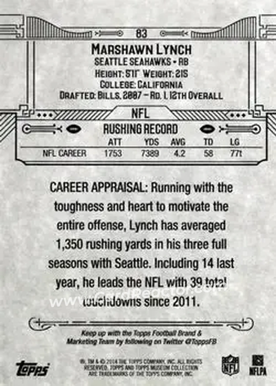 2014 Topps Museum Collection #83 - Marshawn Lynch - Seattle Seahawks - Back