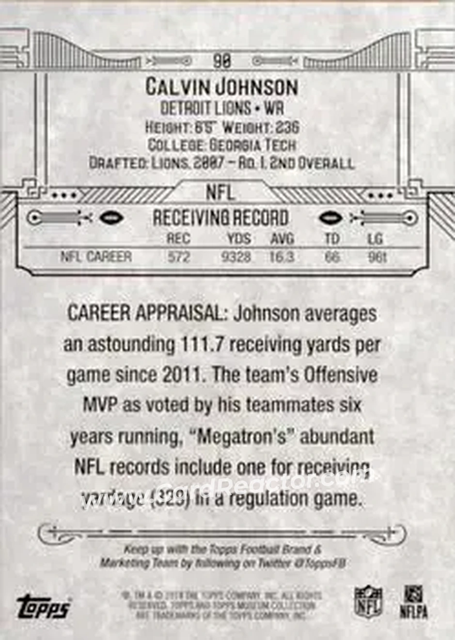 2014 Topps Museum Collection #90 - Calvin Johnson - Detroit Lions - Back