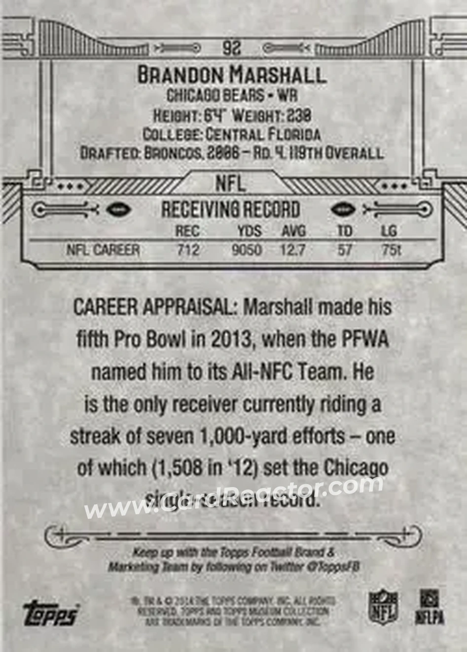 2014 Topps Museum Collection #92 - Brandon Marshall - Chicago Bears - Back 2014 Topps Museum Collection #92 - Brandon Marshall - Chicago Bears - Back