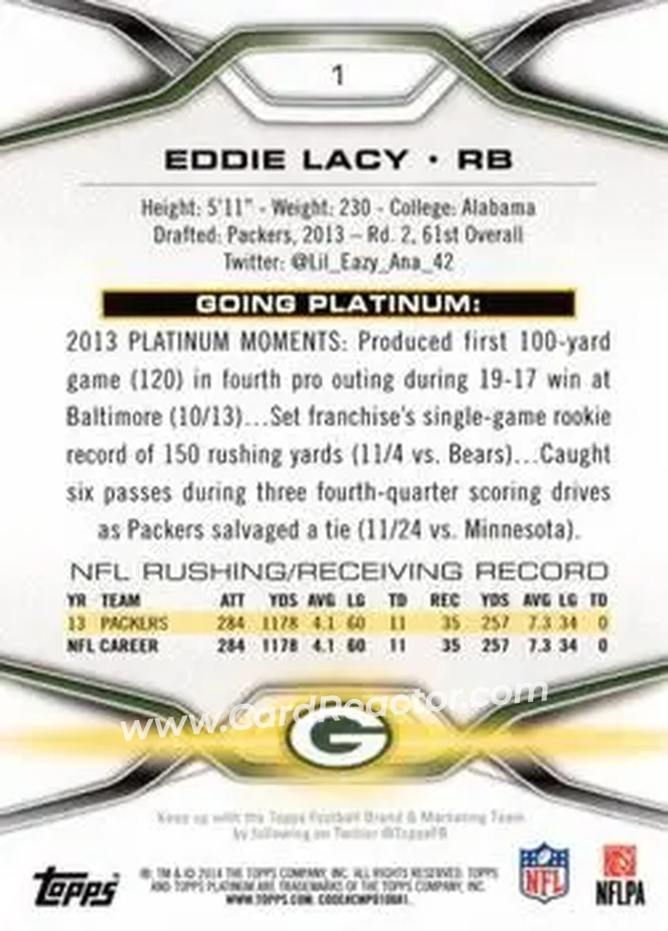 2014 Topps Platinum #1 - Eddie Lacy - Green Bay Packers - Back
