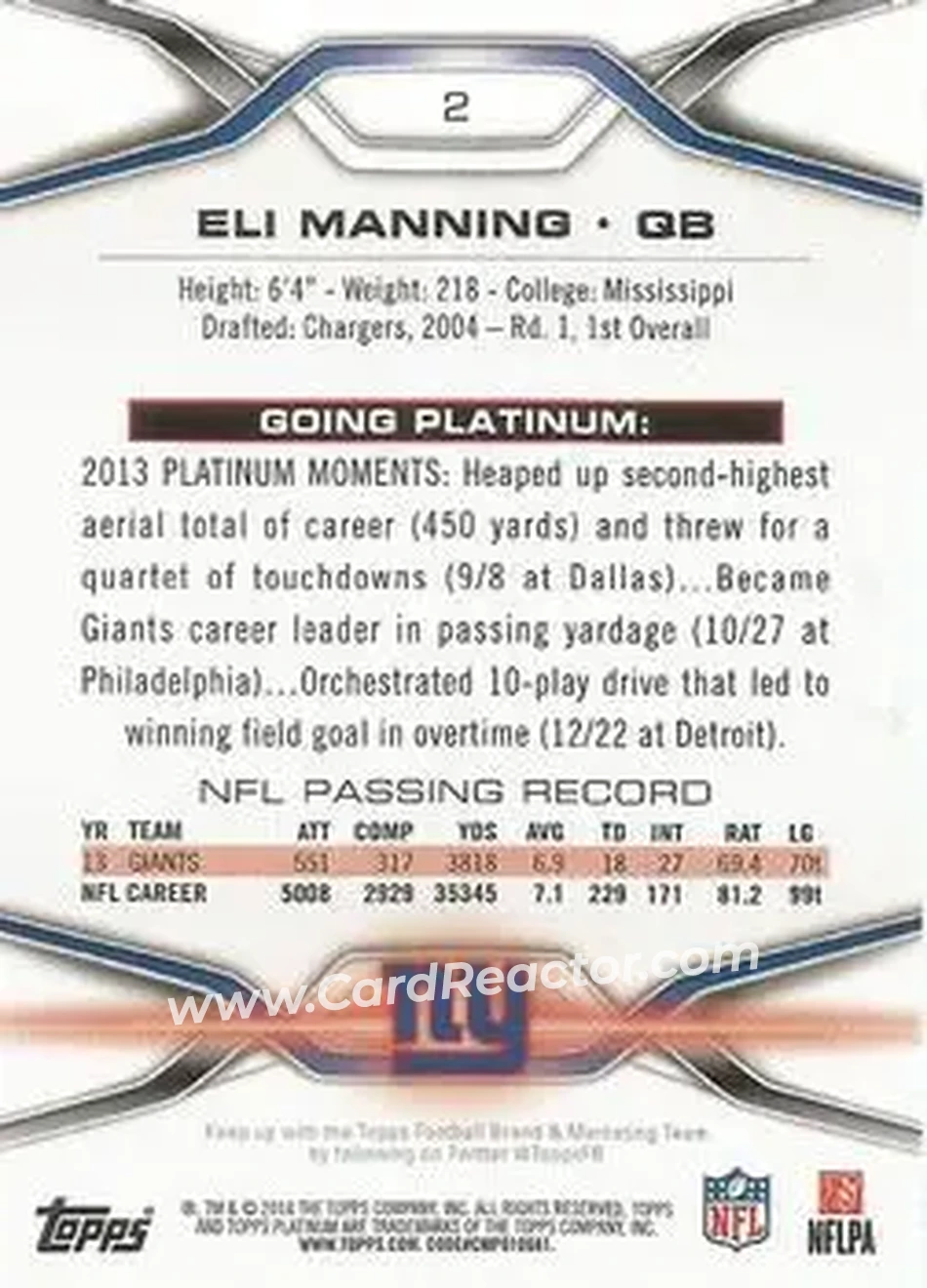 2014 Topps Platinum #2 - Eli Manning - New York Giants - Back