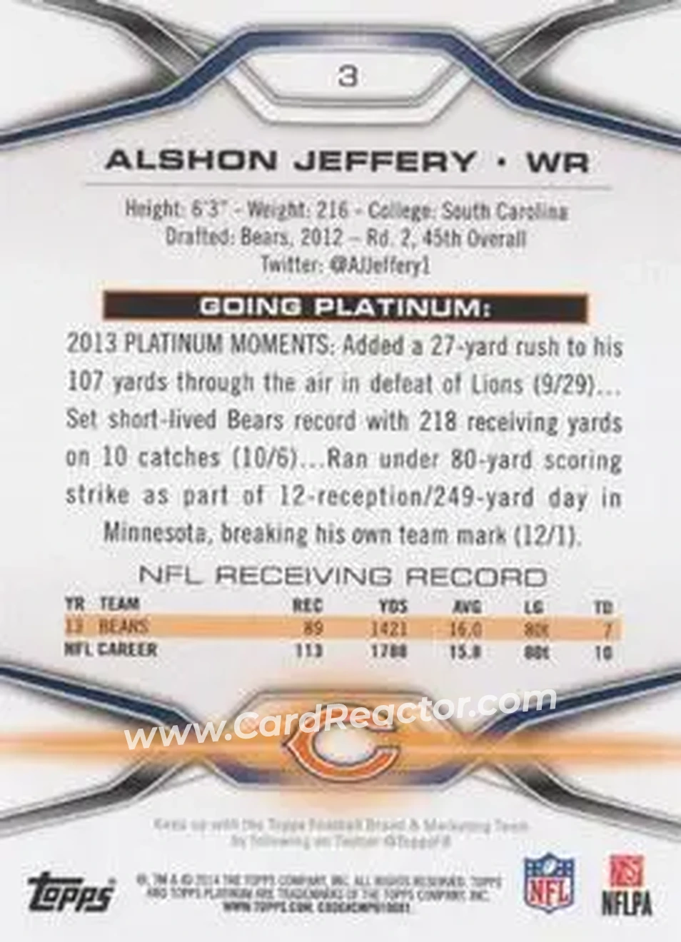 2014 Topps Platinum #3 - Alshon Jeffery - Chicago Bears - Back