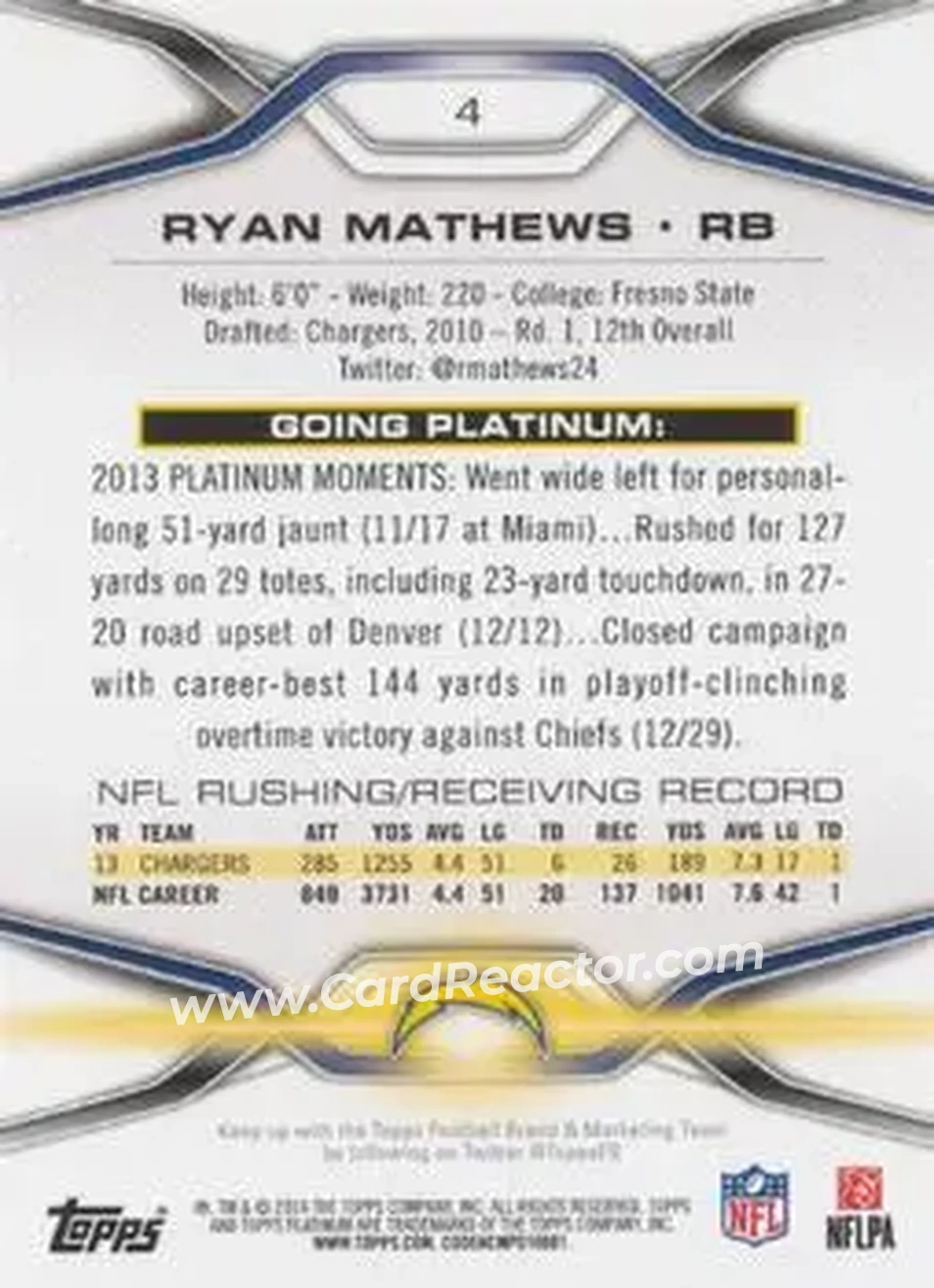 2014 Topps Platinum #4 - Ryan Mathews - San Diego Chargers - Back