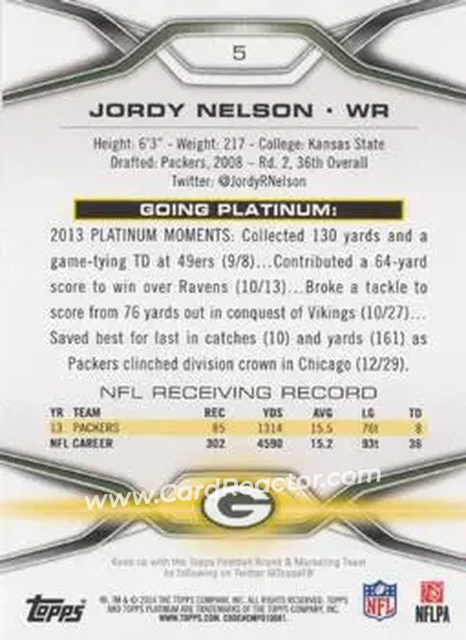 2014 Topps Platinum #5 - Jordy Nelson - Green Bay Packers - Back