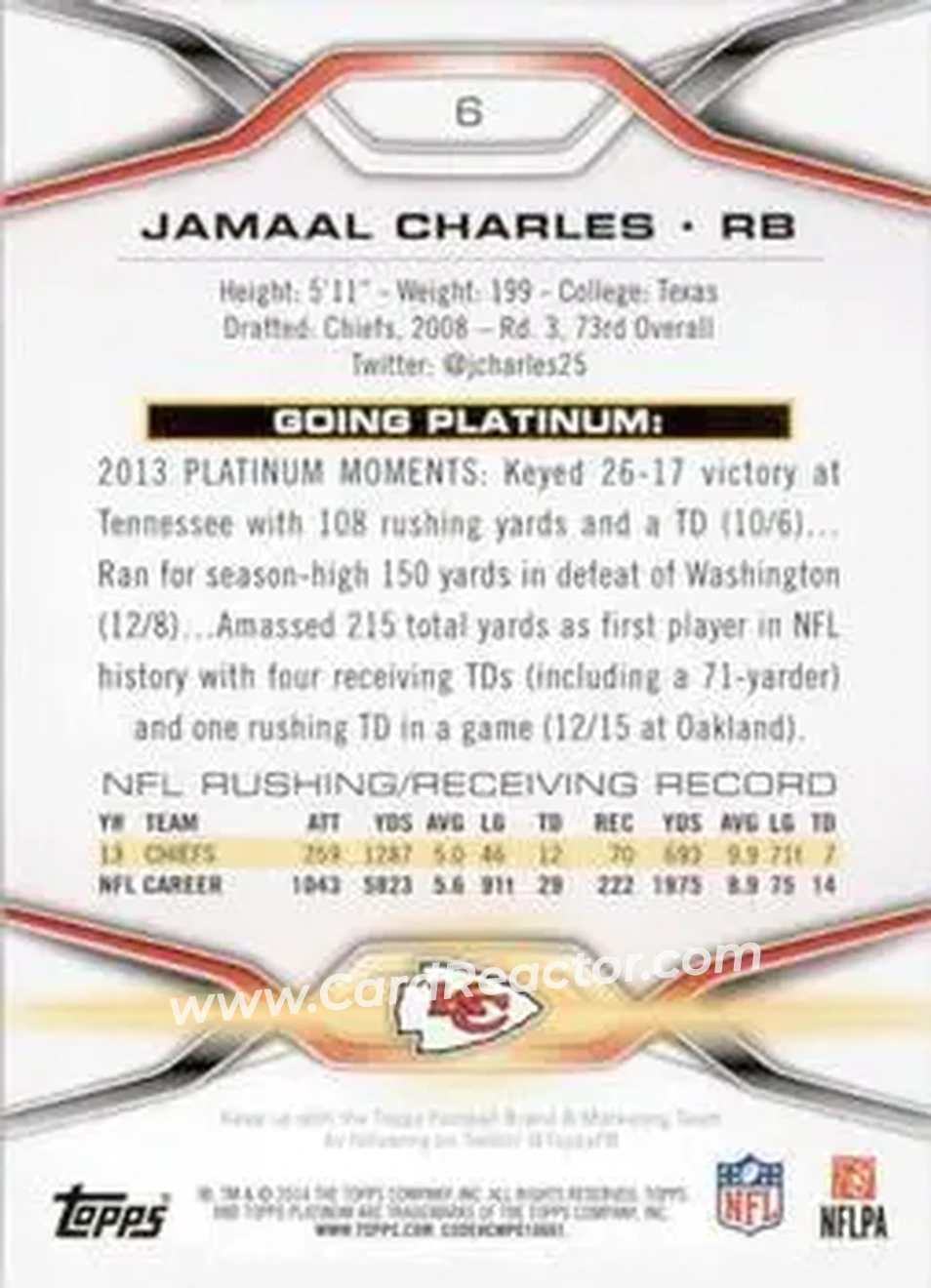 2014 Topps Platinum #6 - Jamaal Charles - Kansas City Chiefs - Back