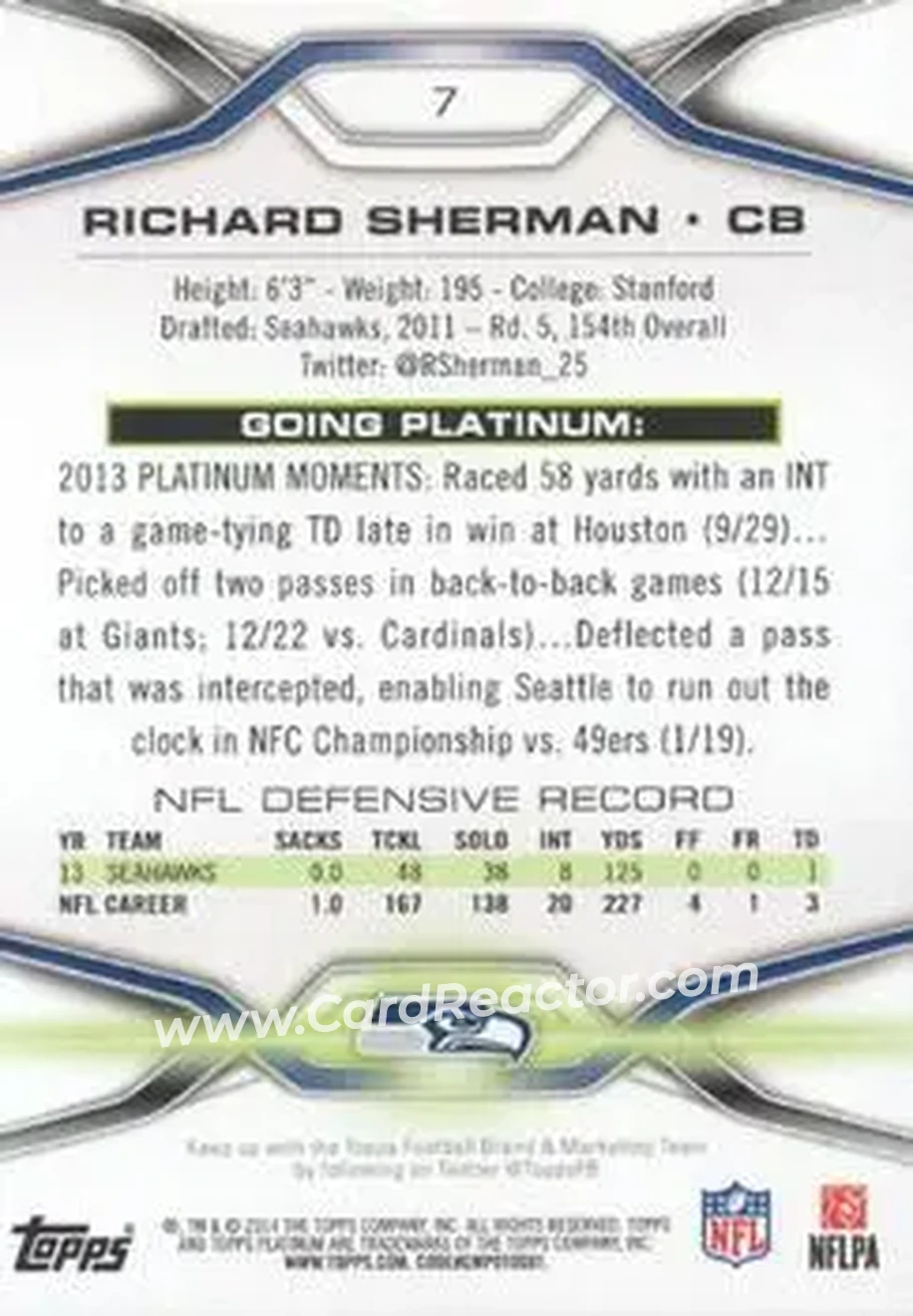2014 Topps Platinum #7 - Richard Sherman - Seattle Seahawks - Back