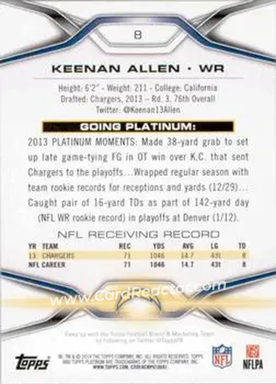 2014 Topps Platinum #8 - Keenan Allen - San Diego Chargers - Back